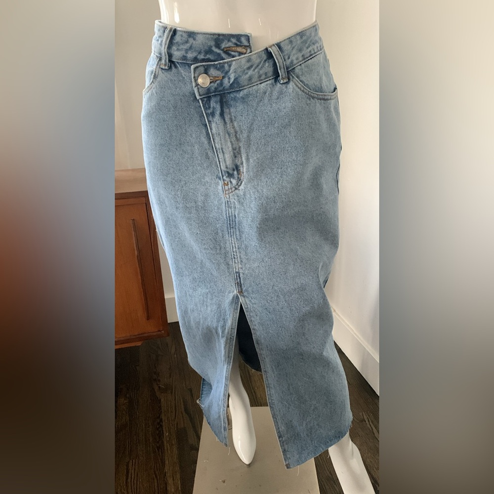 Denim Midi Skirt with Front Slit/front cross over zipper detail